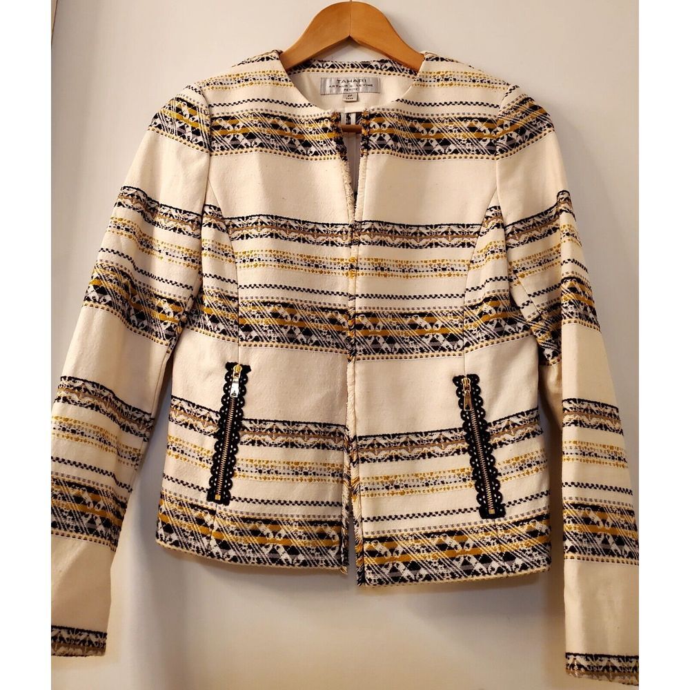 Tahari Open Blazer Jacket 2P Arthur S. Levine Woven Cream/Black/Gold Fringe Edge - Picture 4 of 10